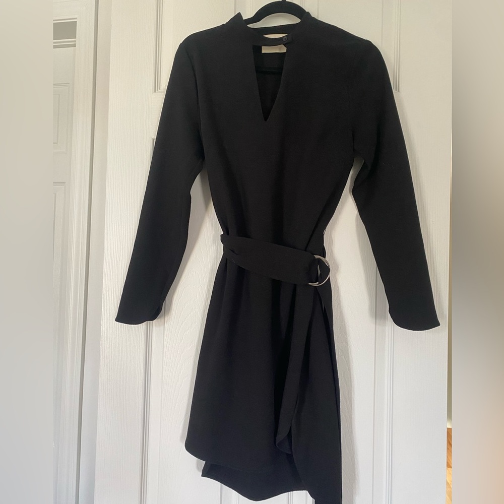 Black crepe belted long sleeve dress